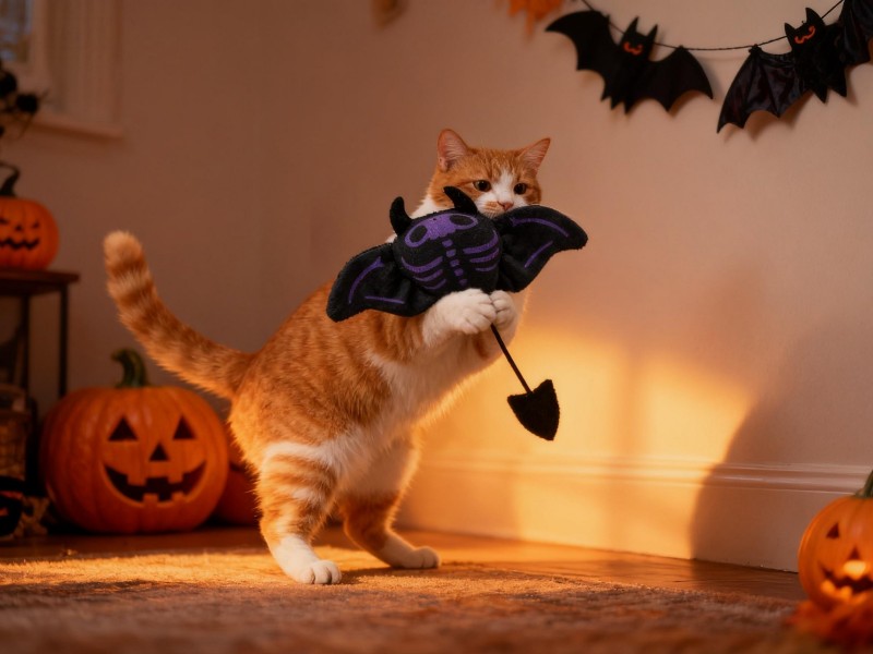 Halloween Black Bat Cat Toy with Purple Skeleton Print & Devil Horns