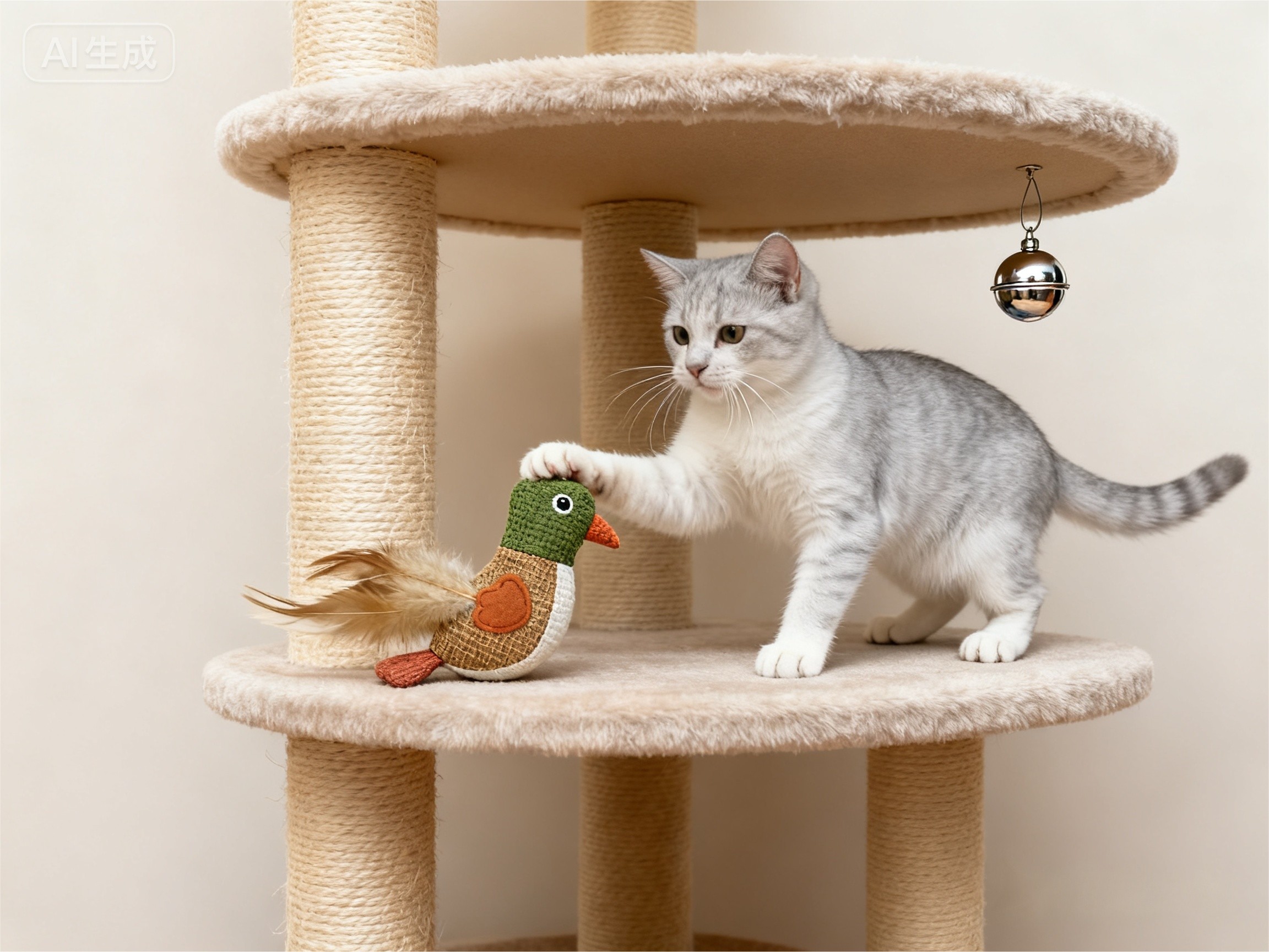 Natural Burlap Bird Cat Toy with Feather Tail - Interactive Hunting Pet Toy