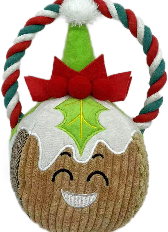 01 (1) Christmas Pudding Plush Dog Toy with Festive Rope Handle