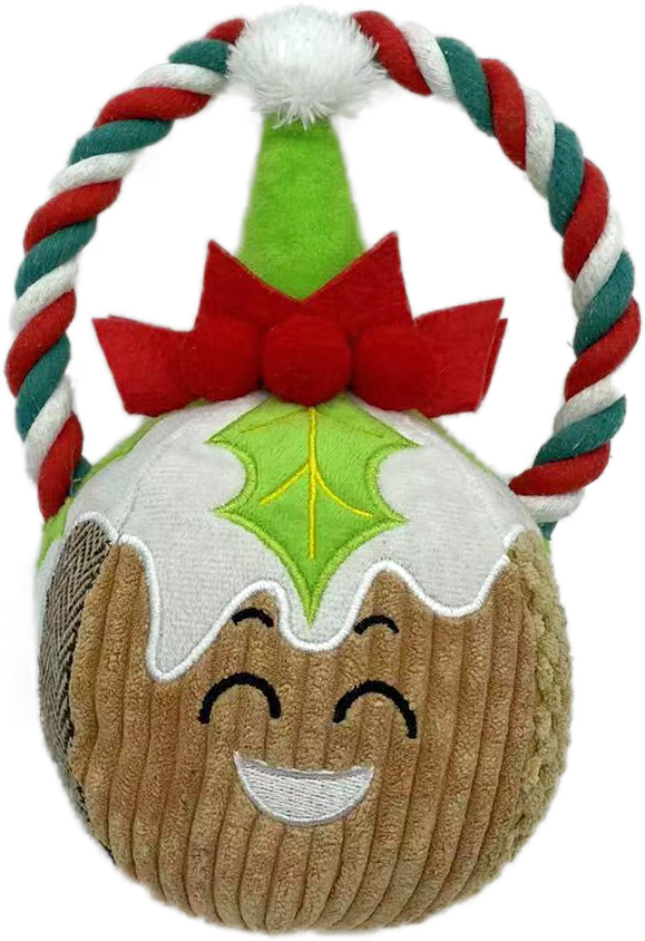 01 (1) Christmas Pudding Plush Dog Toy with Festive Rope Handle