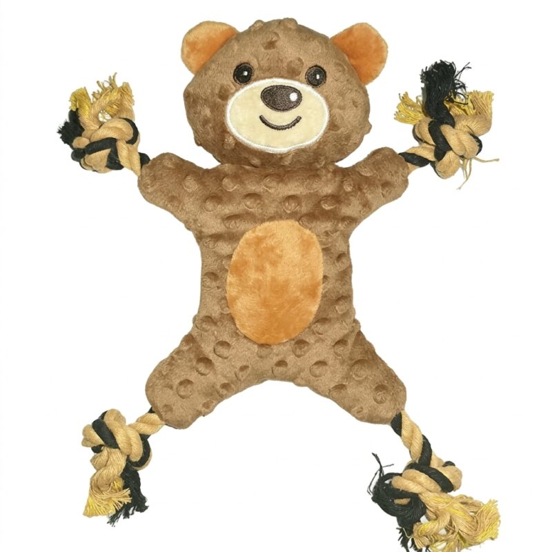 Flat Plush Bear Dog Toy with Knotted Cotton Rope Arms & Legs