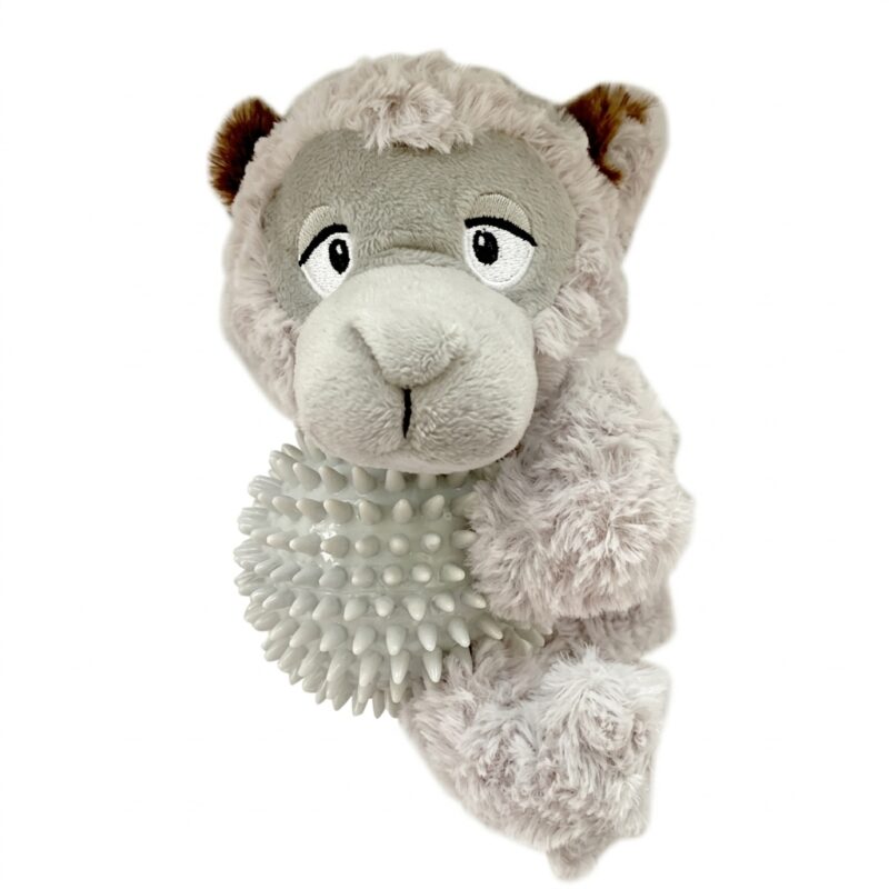 Plush Grey Wolf Dog Toy with Spiky Rubber Ball Body