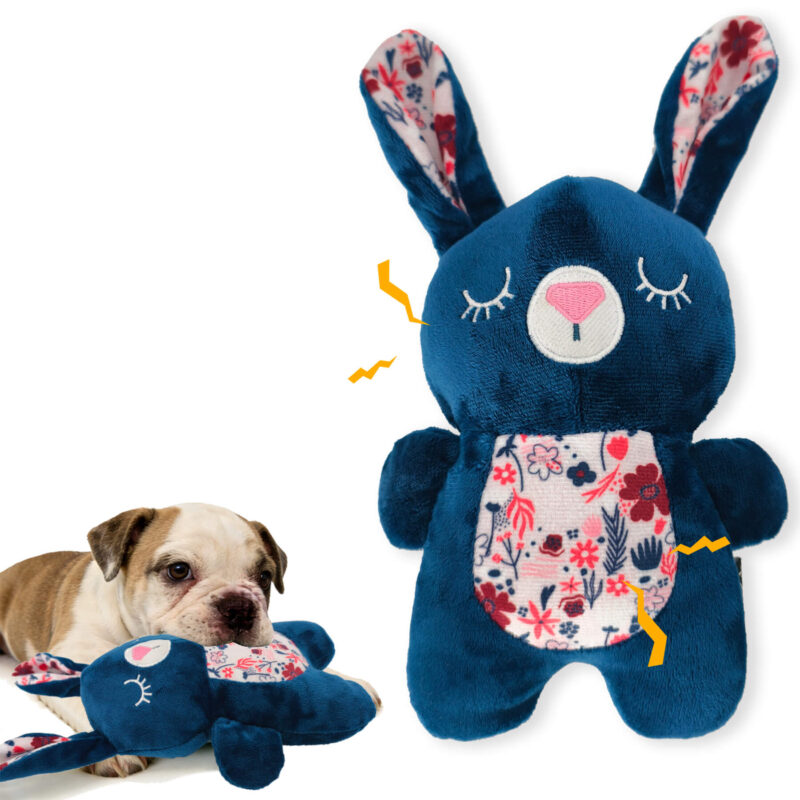 1 Calming Plush Bunny Squeaky Dog Toy–Navy Blue Floral Sleeping Rabbit Toy with Dual Squeakers for Anxiety Relief