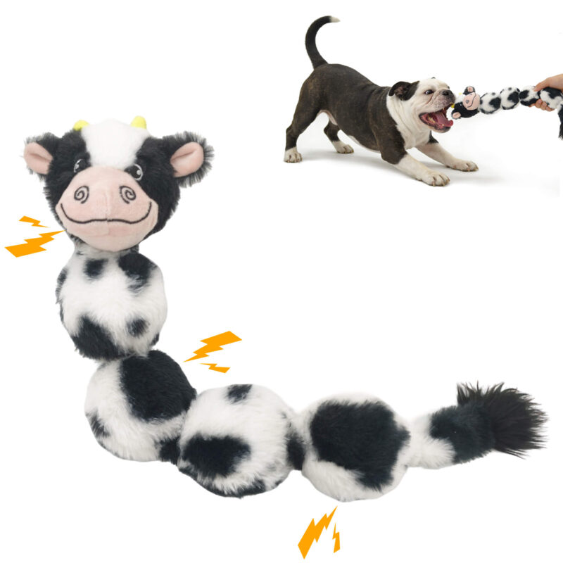 1 Long Caterpillar-Style Cow Plush Squeaky Dog Toy OEM