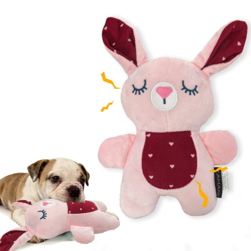 1-2 Soft Sleeping Bunny Squeaky Dog Toy – Pink Hearts Plush Calming Companion Toy with Dual Squeakers for Puppies & Small Dogs