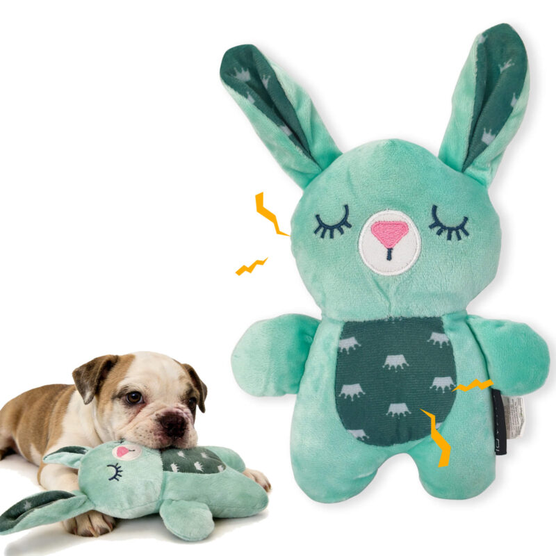 1 (3) Soft Squeaky Bunny Dog Toy – Sage Green Crown Print Sleeping Plush Companion Toy for Small & Medium Dogs