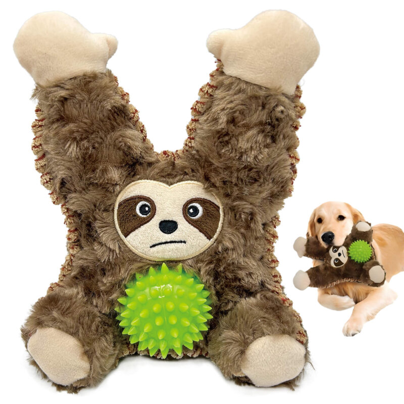 3-in-1 Sloth Plush Squeaky Dog Toy with Spiky Ball OEM