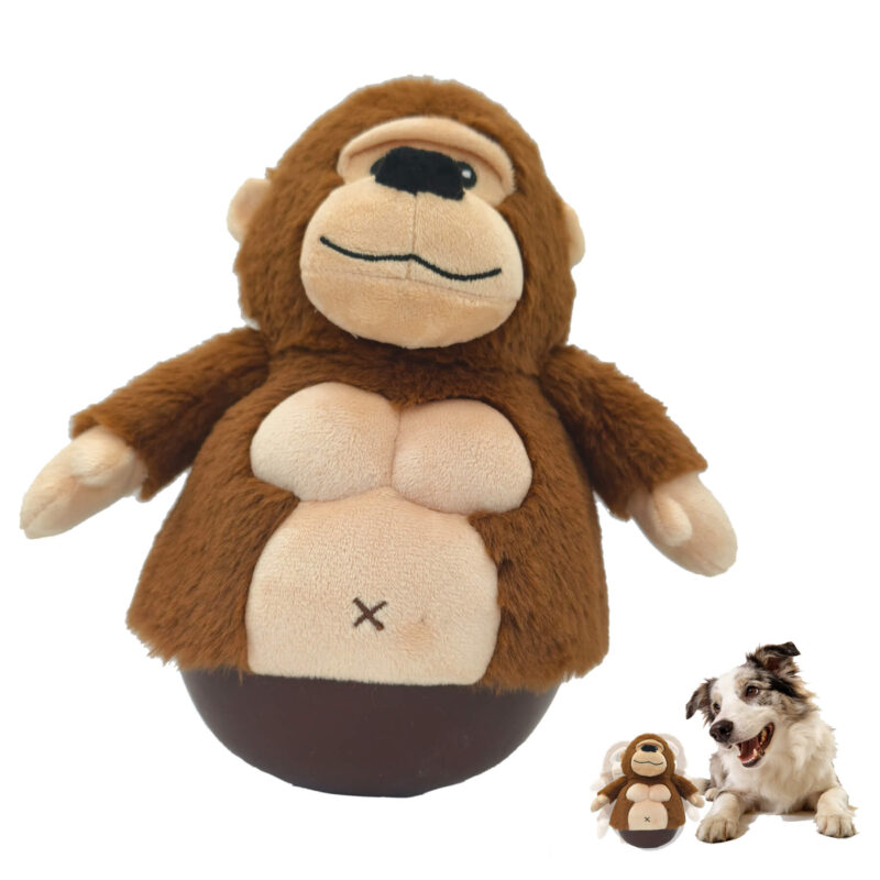 3-in-1 Wobble Squeaky Dog Toy – Interactive Brown Monkey Plush Dog Toy with TPR Weighted Wobble Base for Medium & Small Dogs