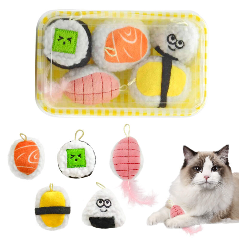 5-Pack Plush Sushi Cat Toys Set with Catnip & Bell – Interactive Plush Kitten Teething Toys with Lanyard & Feather for I