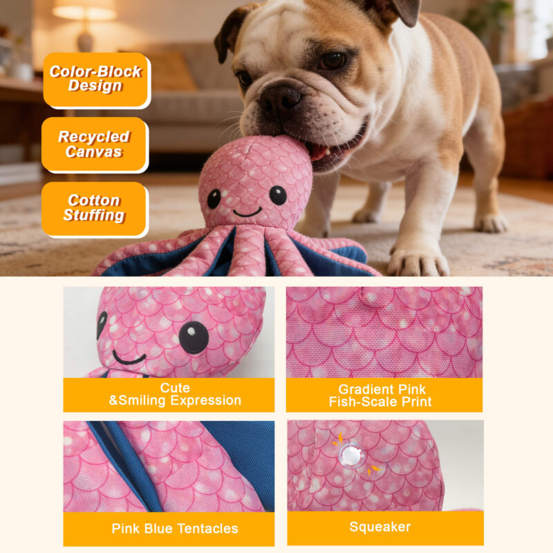 10 Eco-Friendly Recycled Canvas Octopus Squeaky Dog Toy – Multi-Tentacle Interactive Plush Toy for Boredom Relief
