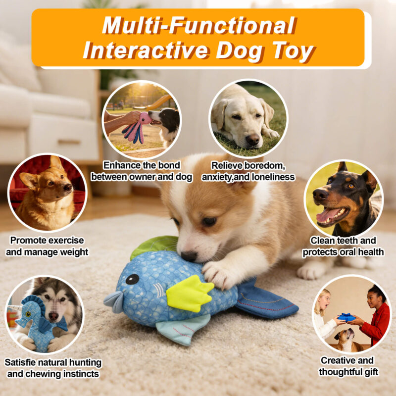 14 Interactive Recycled Canvas Ocean Fish Squeaky Dog Toy – Bright & Durable Stuffed Toy for Teeth Cleaning & Play