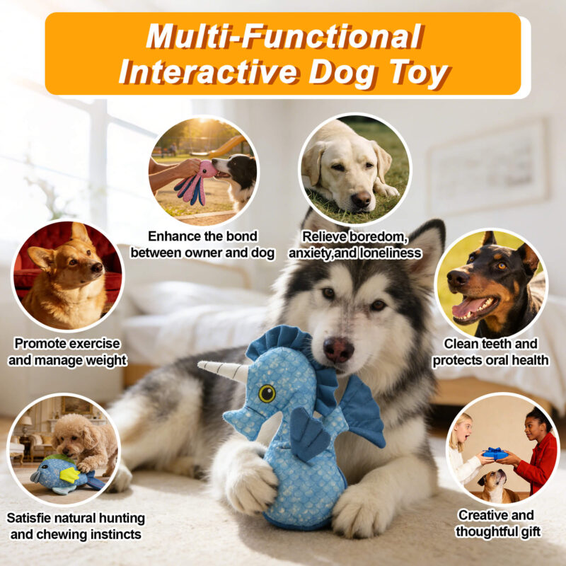 16 Eco-Friendly Recycled Canvas Seahorse Squeaky Dog Toy – Durable Plush Interactive Fetch Toy for Small & Medium Dogs