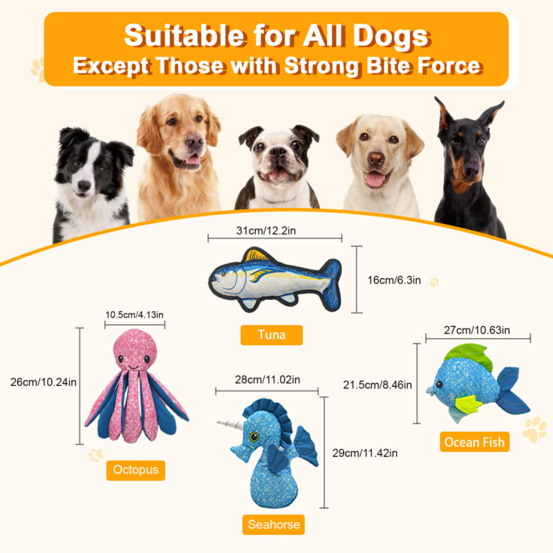 18 Interactive Recycled Canvas Ocean Fish Squeaky Dog Toy – Bright & Durable Stuffed Toy for Teeth Cleaning & Play