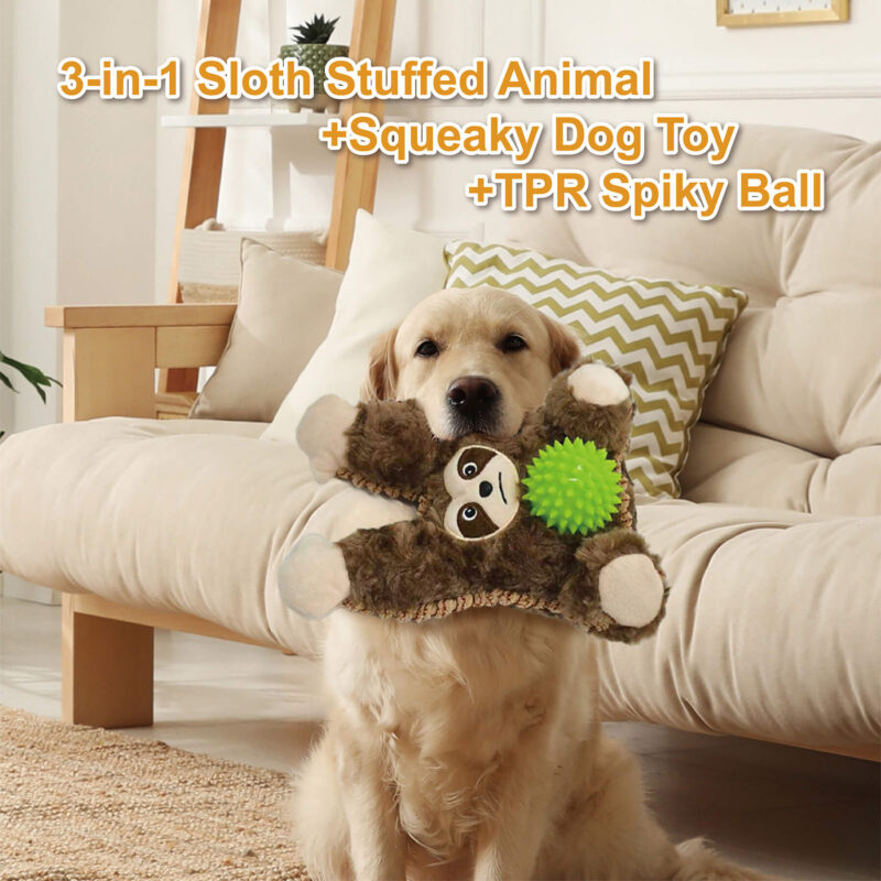 3-in-1 Sloth Plush Squeaky Dog Toy with Spiky Ball OEM