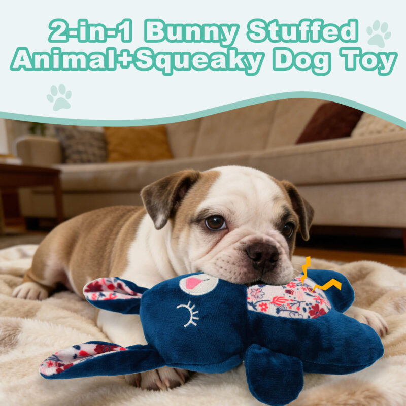 2 Calming Plush Bunny Squeaky Dog Toy–Navy Blue Floral Sleeping Rabbit Toy with Dual Squeakers for Anxiety Relief