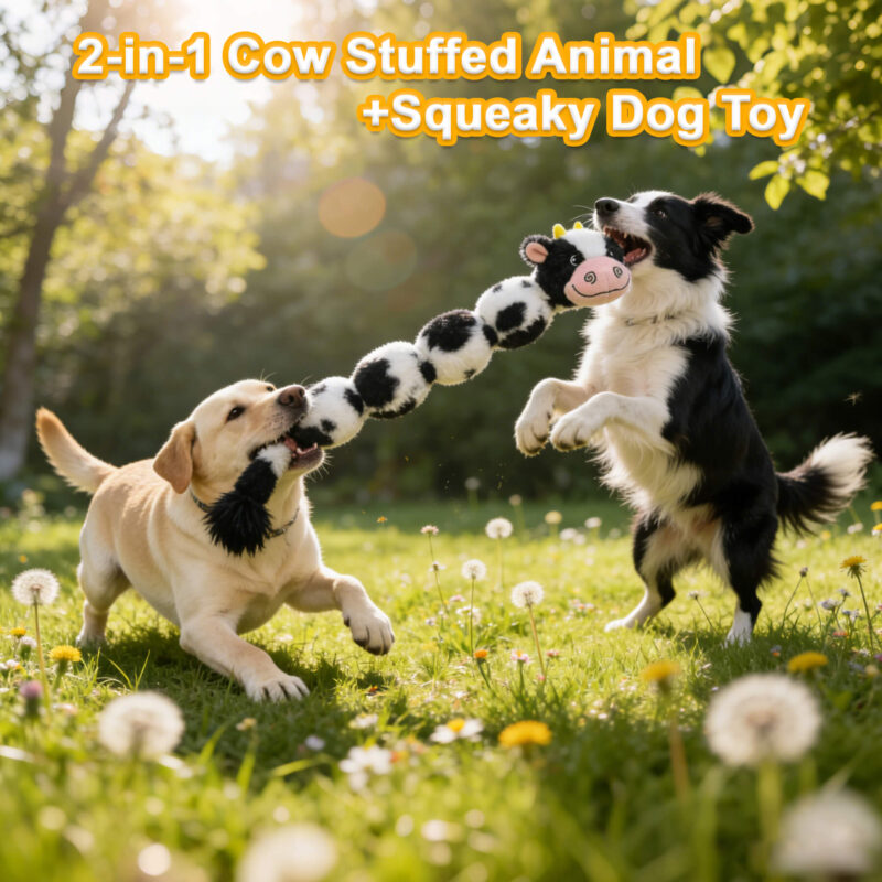 2 Long Caterpillar-Style Cow Plush Squeaky Dog Toy OEM