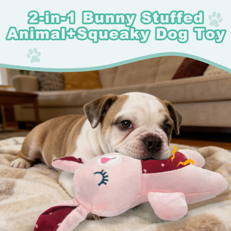 Soft Sleeping Bunny Squeaky Dog Toy – Pink Hearts Plush Calming Companion Toy with Dual Squeakers for Puppies & Small Dogs