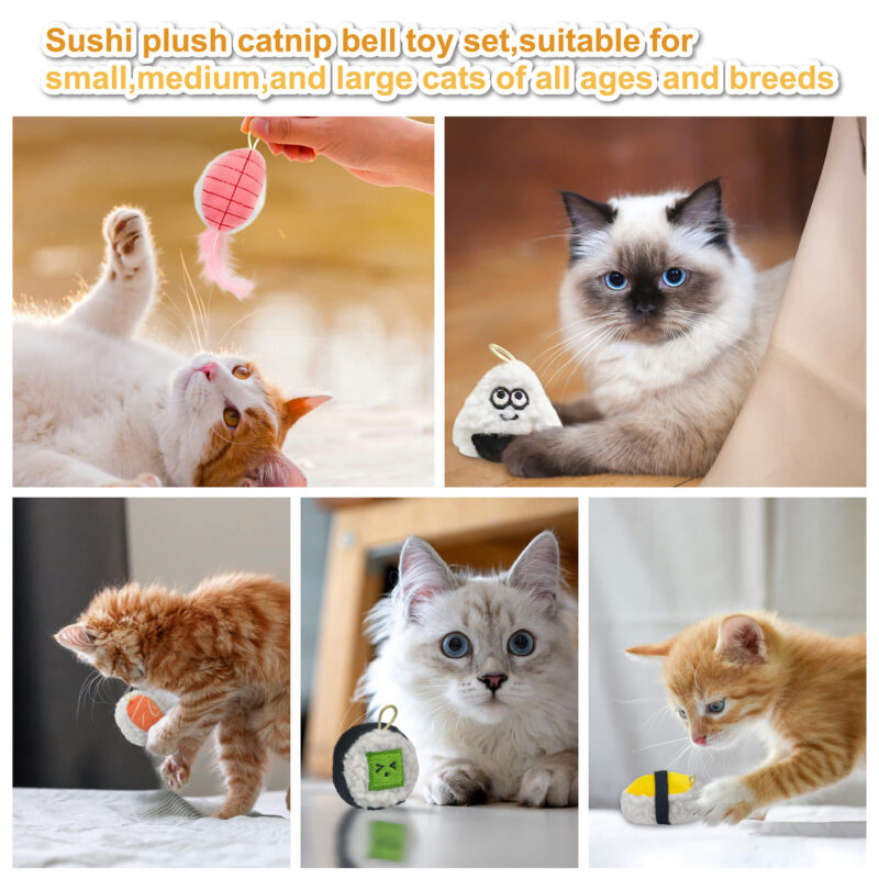 2 5-Pack Plush Sushi Cat Toys Set with Catnip & Bell – Interactive Plush Kitten Teething Toys with Lanyard & Feather for I