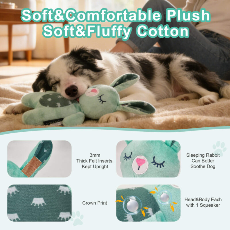 Soft Squeaky Bunny Dog Toy – Sage Green Crown Print Sleeping Plush Companion Toy for Small & Medium Dogs