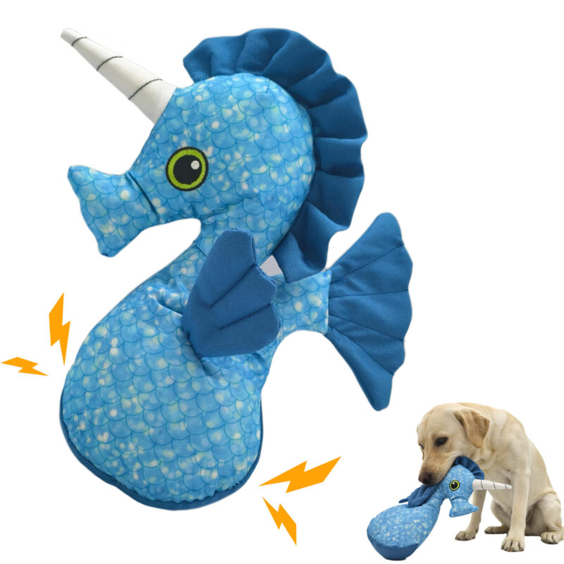 Eco-Friendly Recycled Canvas Seahorse Squeaky Dog Toy – Durable Plush Interactive Fetch Toy for Small & Medium Dogs