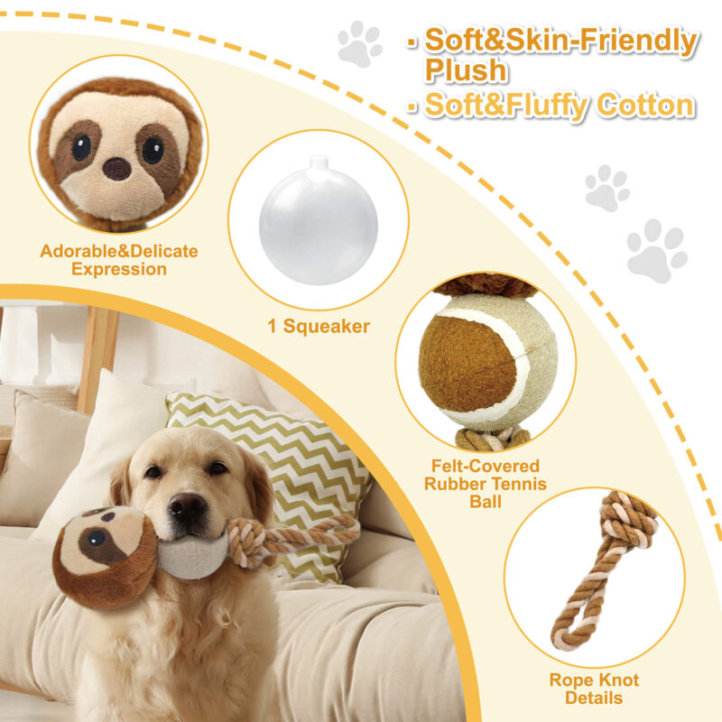3 4-in-1 Plush Sloth Tennis Ball Squeaky Dog Rope Toy OEM