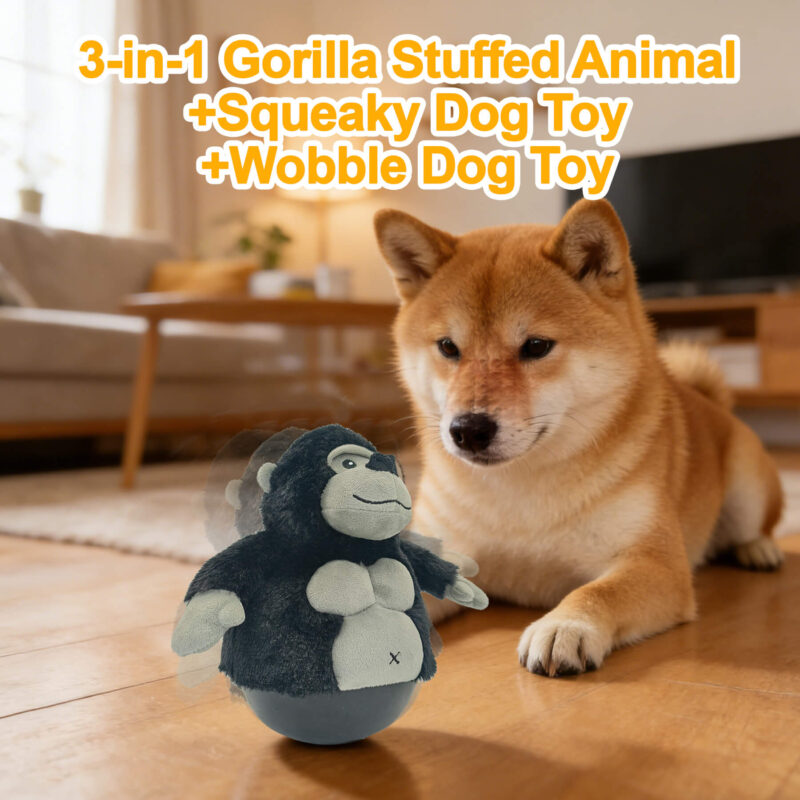 3-in-1 Interactive Wobble Gorilla Dog Toy – Squeaky Plush Dog Toy with Weighted Self-Balancing Base for Boredom Relief