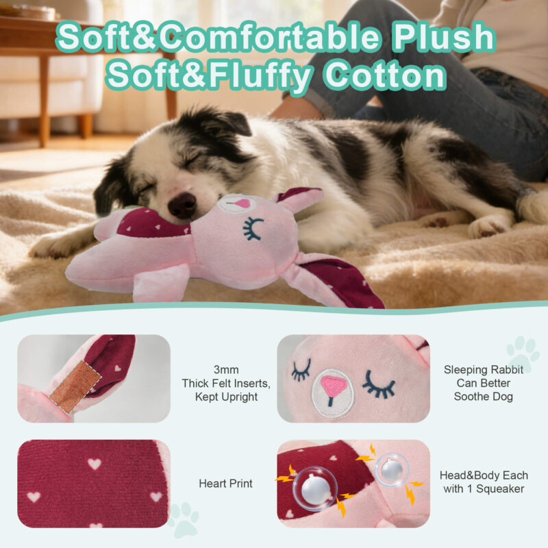 Soft Sleeping Bunny Squeaky Dog Toy – Pink Hearts Plush Calming Companion Toy with Dual Squeakers for Puppies & Small Dogs