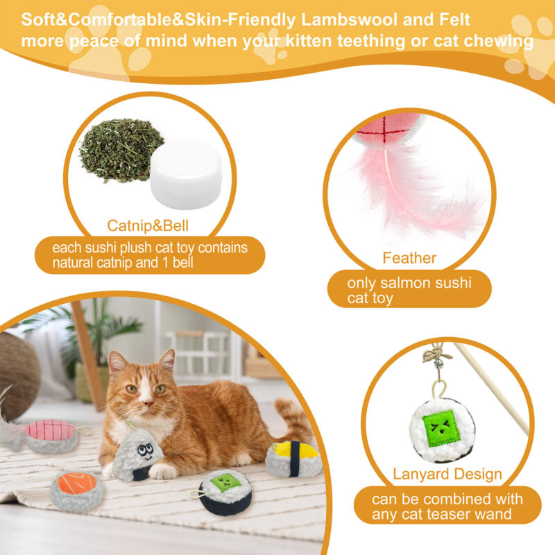 3 5-Pack Plush Sushi Cat Toys Set with Catnip & Bell – Interactive Plush Kitten Teething Toys with Lanyard & Feather for I