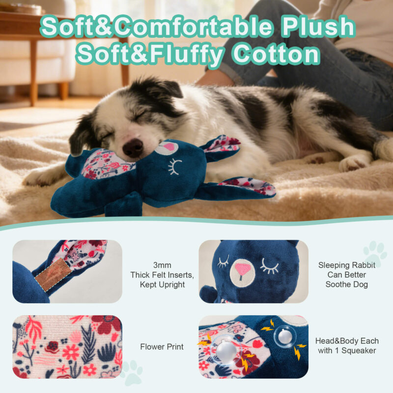3 Calming Plush Bunny Squeaky Dog Toy–Navy Blue Floral Sleeping Rabbit Toy with Dual Squeakers for Anxiety Relief