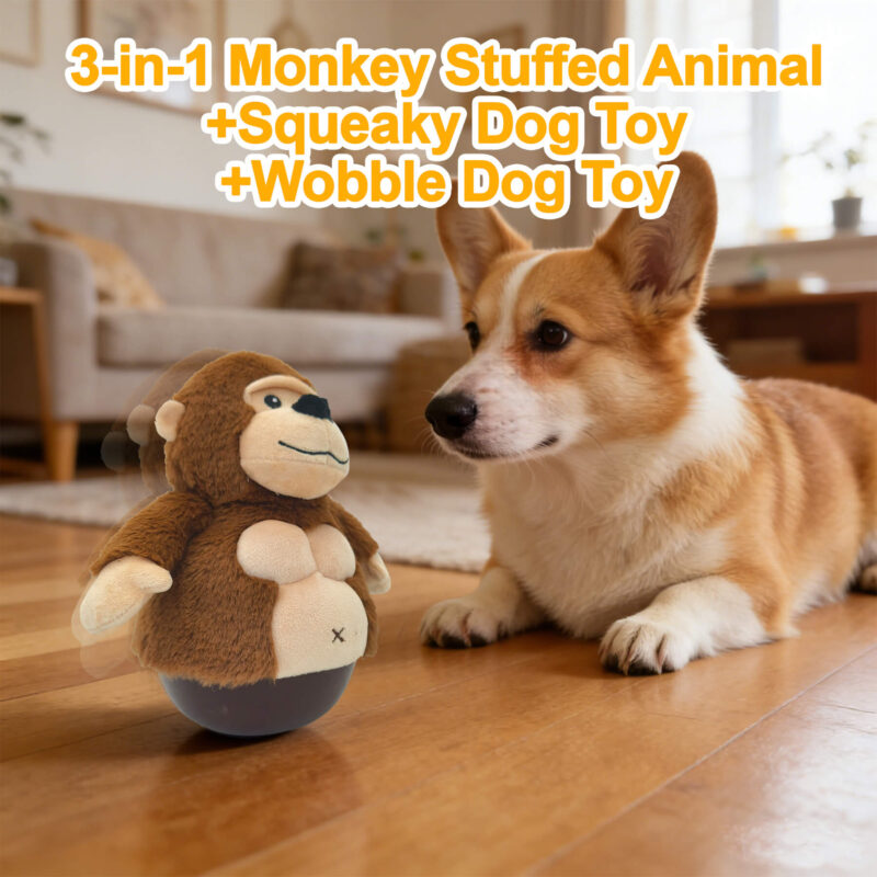 3-in-1 Wobble Squeaky Dog Toy – Interactive Brown Monkey Plush Dog Toy with TPR Weighted Wobble Base for Medium & Small Dogs