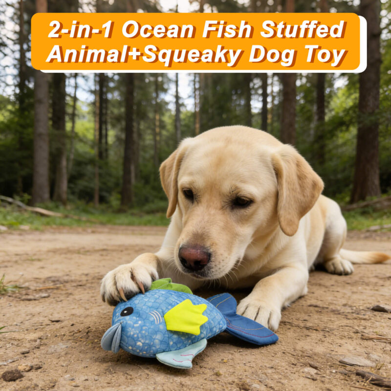 5 Interactive Recycled Canvas Ocean Fish Squeaky Dog Toy – Bright & Durable Stuffed Toy for Teeth Cleaning & Play