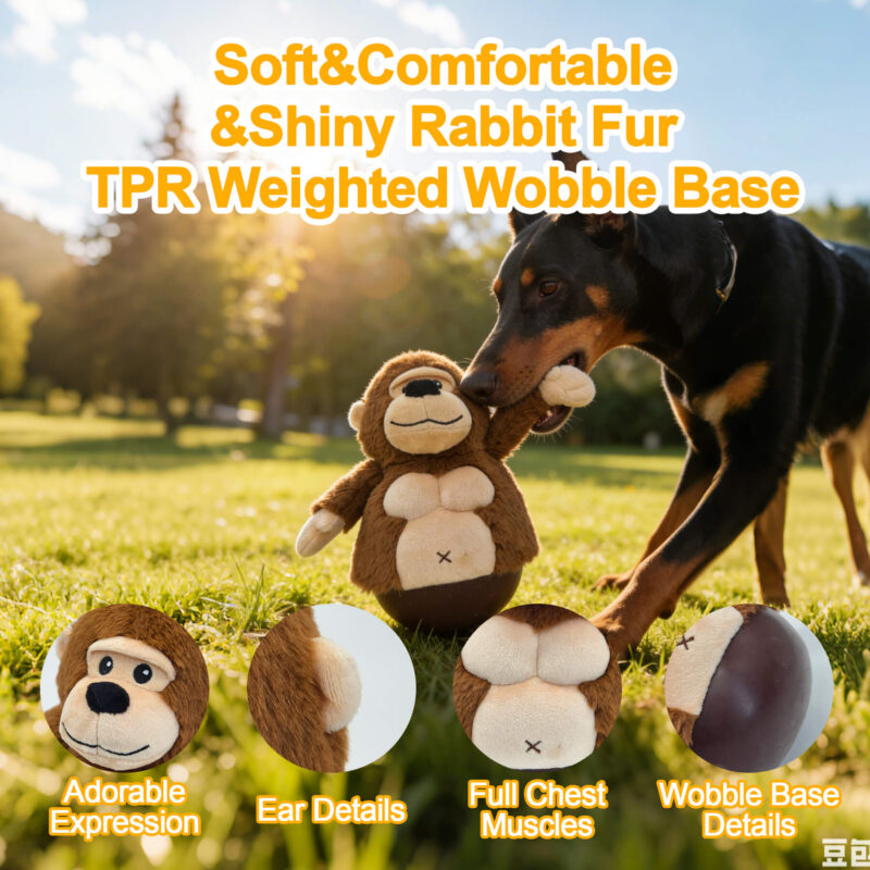 3-in-1 Wobble Squeaky Dog Toy – Interactive Brown Monkey Plush Dog Toy with TPR Weighted Wobble Base for Medium & Small Dogs