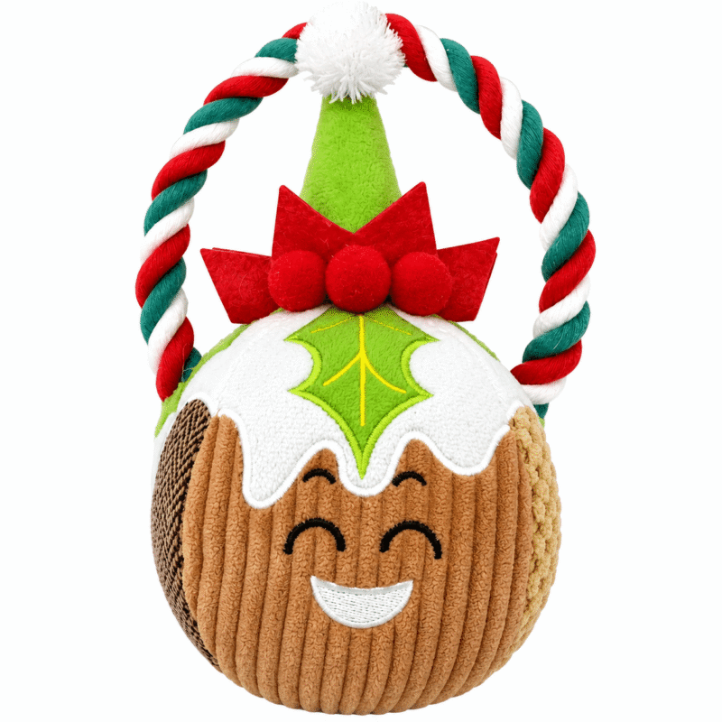 5322427c-e063-465b-afec-da81bc55349a Christmas Pudding Plush Dog Toy with Festive Rope Handle