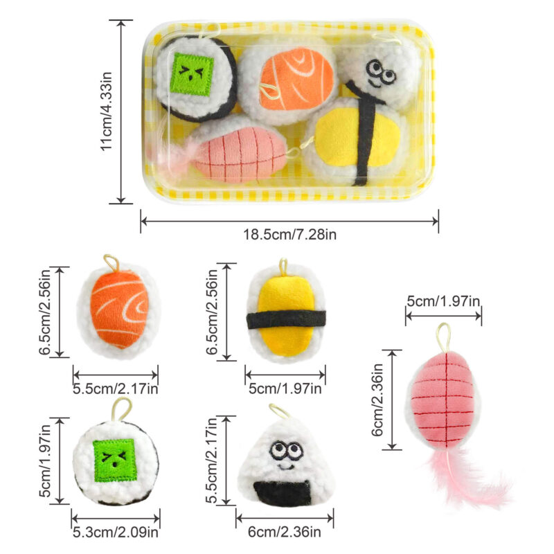 6 5-Pack Plush Sushi Cat Toys Set with Catnip & Bell – Interactive Plush Kitten Teething Toys with Lanyard & Feather for I