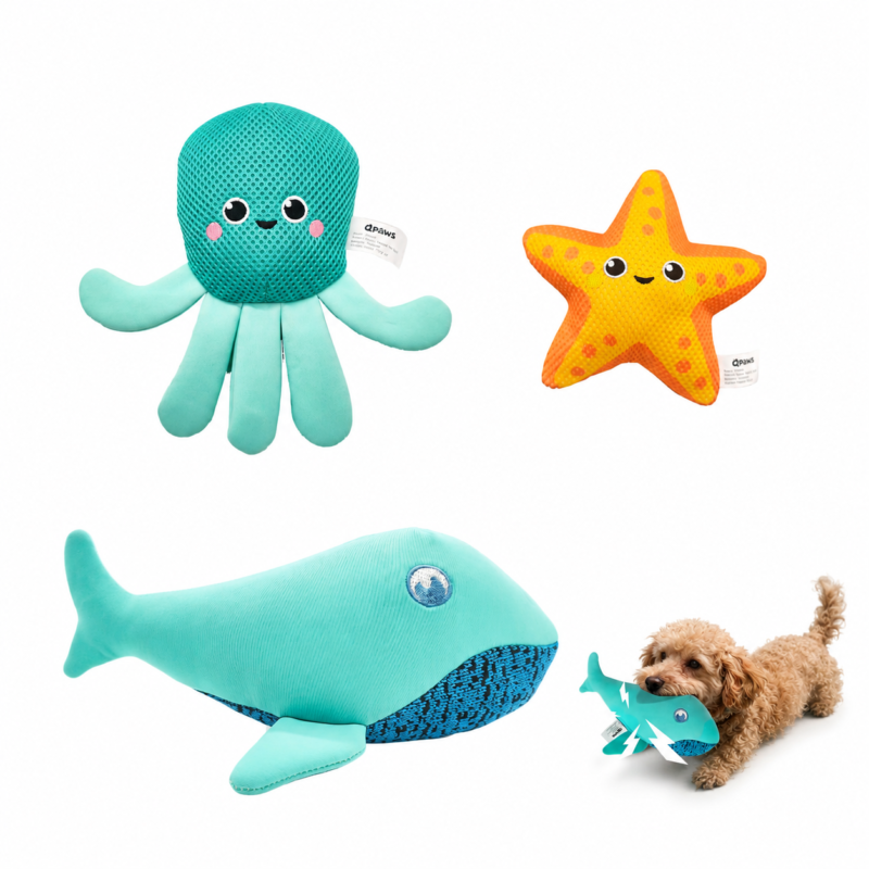 3-Pack Floating Squeaky Dog Water Toys Set – Durable 3D Mesh Ocean Animal Plush Toys (Whale, Octopus, Starfish) for Pool & Lake Fetch