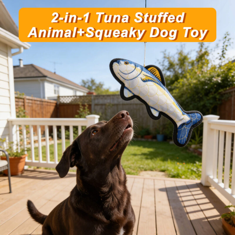 8 Durable Recycled Canvas Tuna Squeaky Dog Toy – Eco-Friendly Fish Plush Chewing & Fetch Toy for Dogs