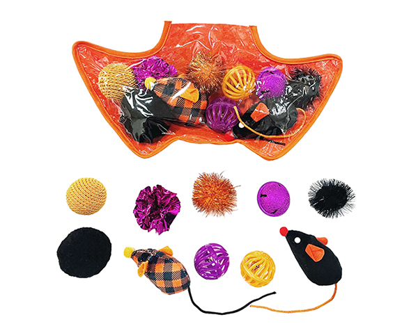Halloween Cat Toy Variety Pack Plush Balls & Spooky Teasers