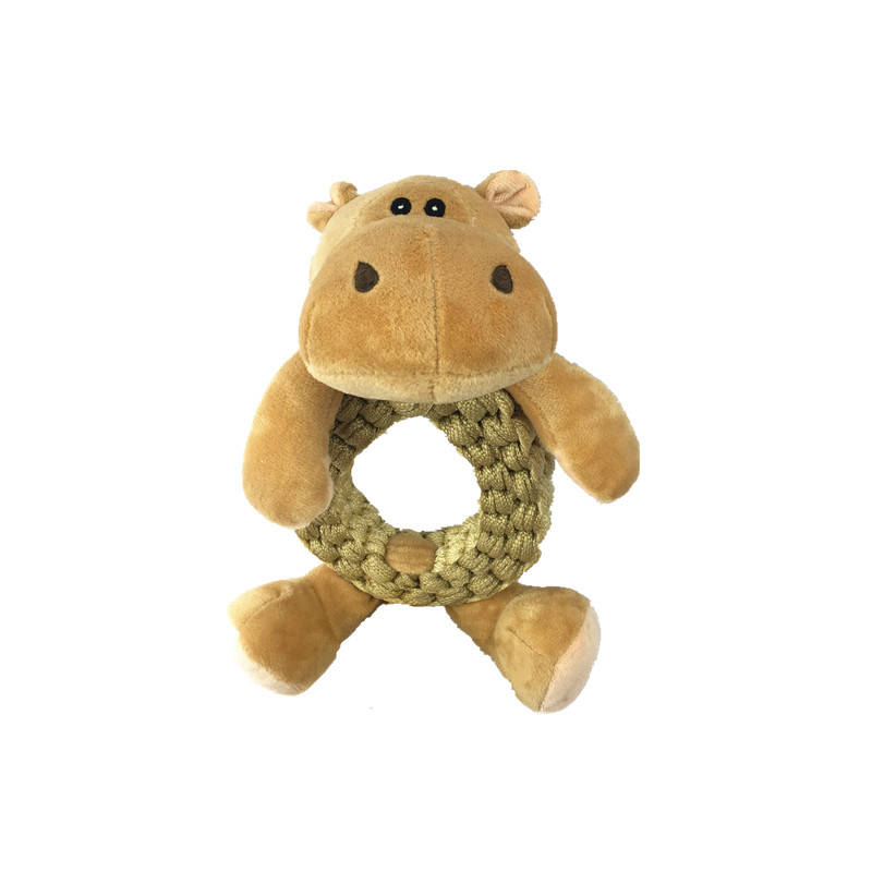 Plush Hippo Ring Dog Toy with Braided Body