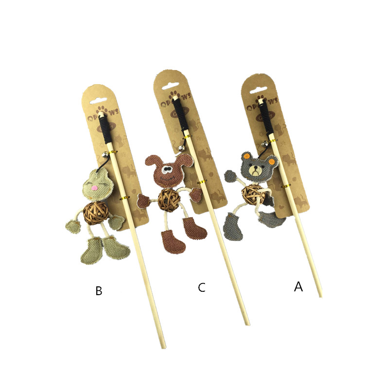 YMC17037_副本 Natural Wooden Cat Wand Toy with Burlap Fish & Feather Charm for Indoor Cats