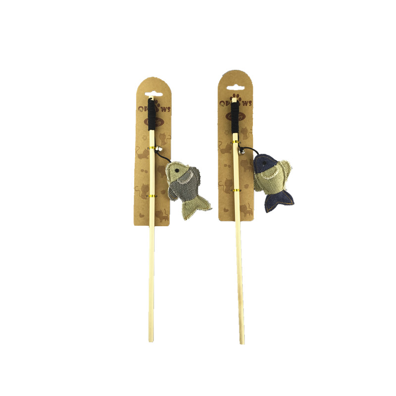 YMC17044_副本 Natural Wooden Cat Wand Toy with Burlap Fish & Feather Charm for Indoor Cats