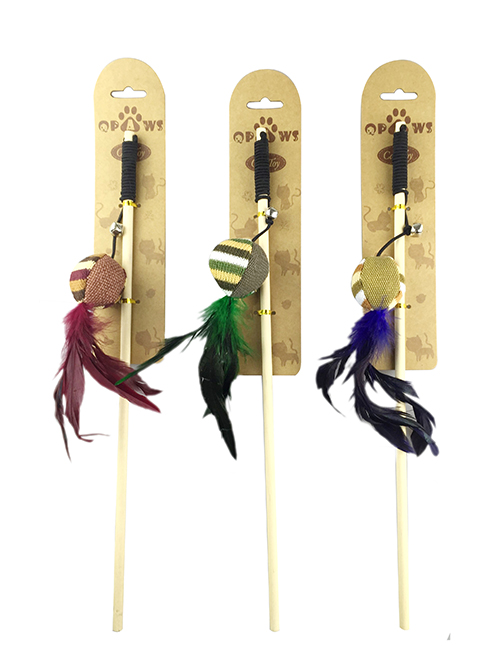 YMC17048副本 Wooden Cat Teaser Wand with Leather Tassels & Natural Feather Tails