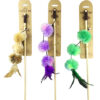 YMC18019 Colorful Rainbow Ribbon & Feather Wooden Cat Wand Toy for Leaping & Chasing