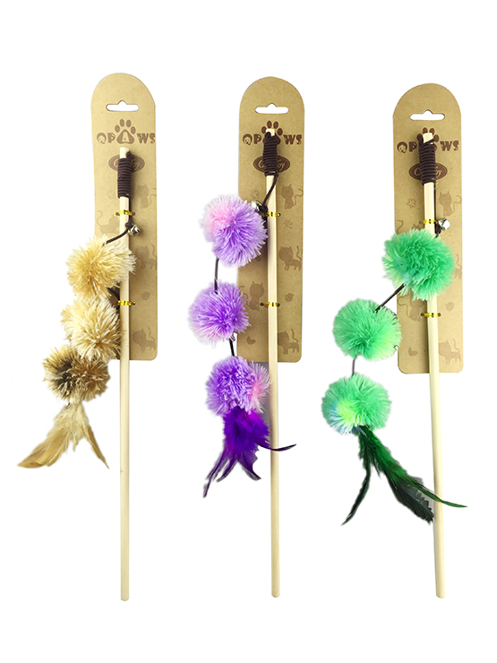 YMC18019 Colorful Rainbow Ribbon & Feather Wooden Cat Wand Toy for Leaping & Chasing