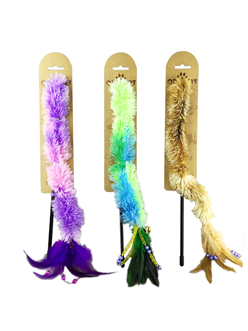 YMC18020 Colorful Rainbow Ribbon & Feather Wooden Cat Wand Toy for Leaping & Chasing