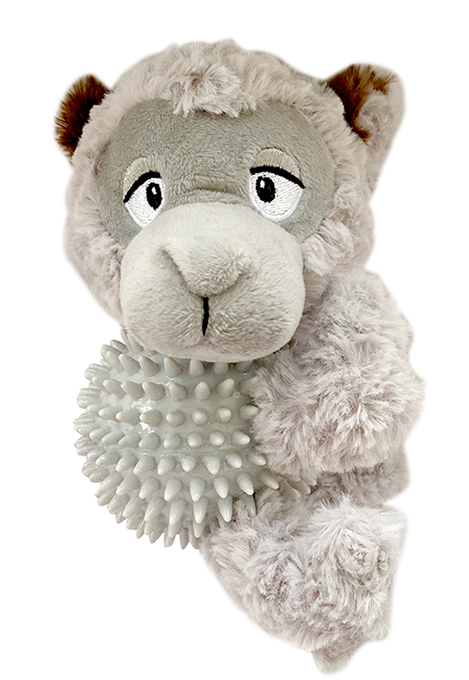 Plush Grey Wolf Dog Toy with Spiky Rubber Ball Body