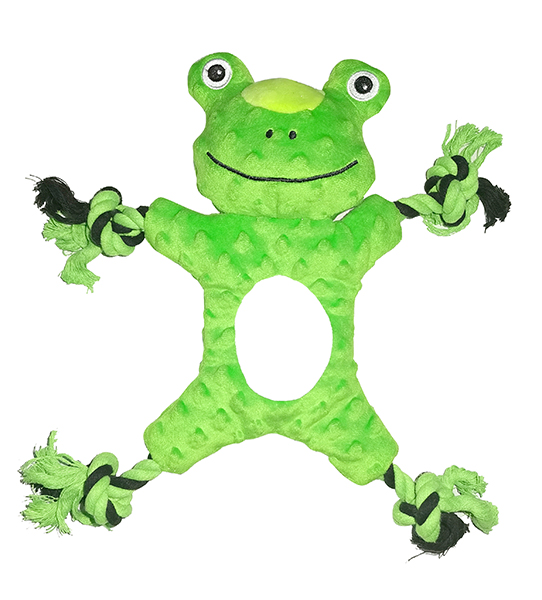 Flat Plush Green Frog Dog Toy with Braided Rope Limbs