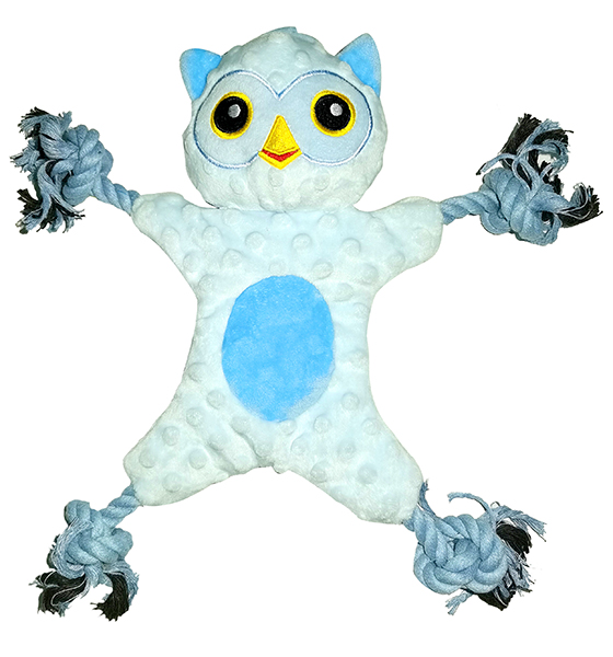 Flat Plush Owl Dog Toy with Knotted Rope Wings & Feet