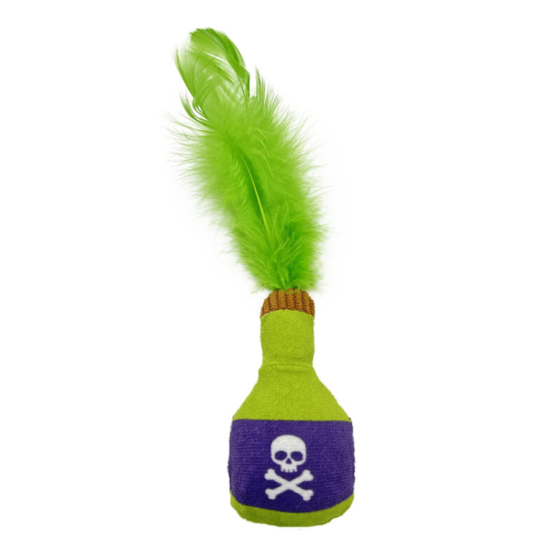 1 (1) Spooky Green Poison Bottle Plush Cat Toy with Feather Top