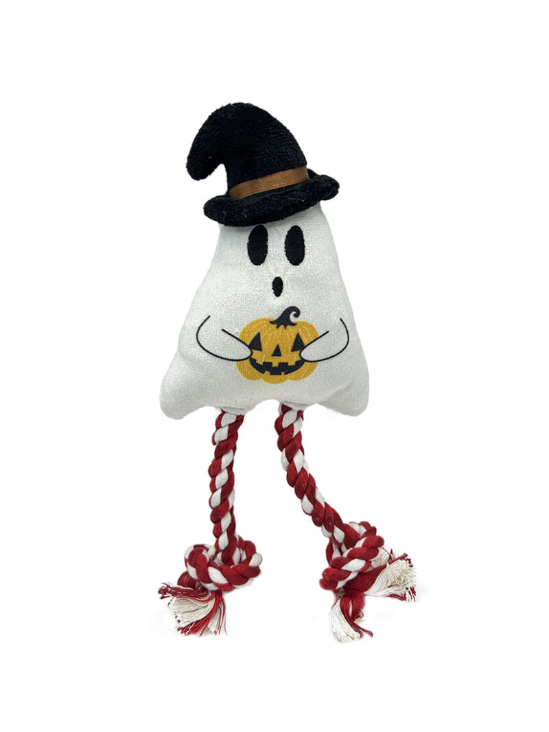 1 (10) Halloween Squeaky Ghost Plush Dog Toy with Braided Cotton Rope Legs