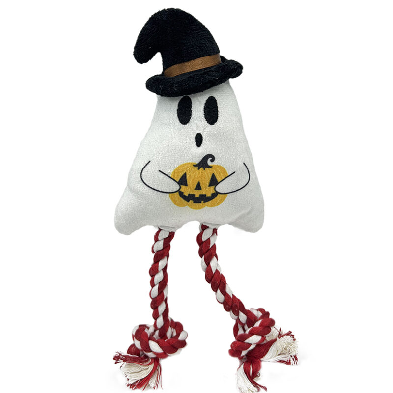 Halloween Squeaky Ghost Plush Dog Toy with Braided Cotton Rope Legs